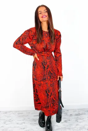 All For You - Red Black Paisley Midi Dress