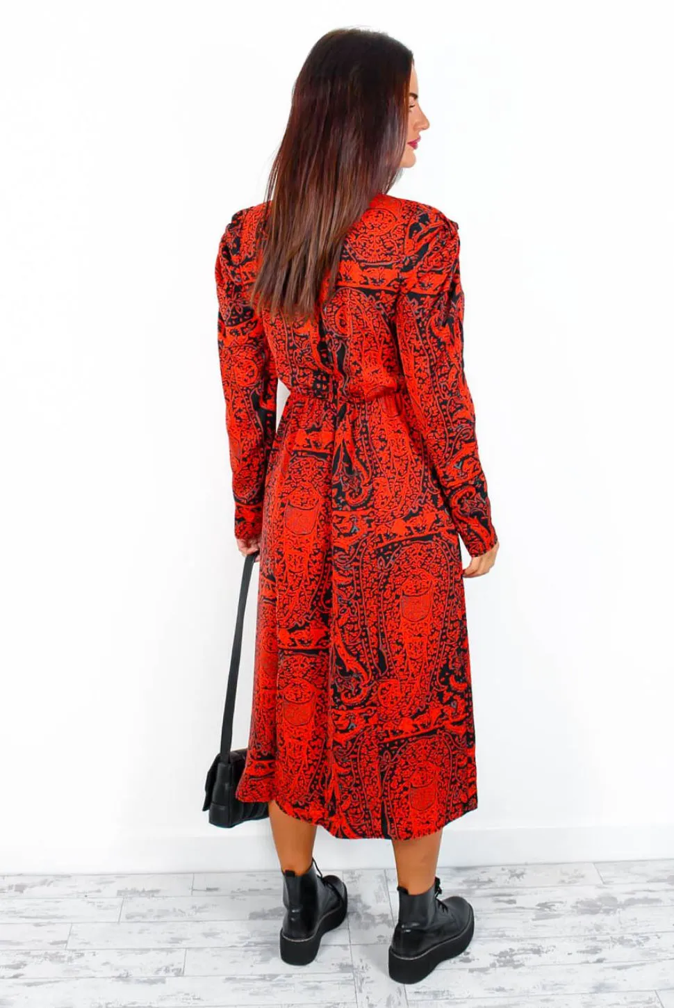 All For You - Red Black Paisley Midi Dress