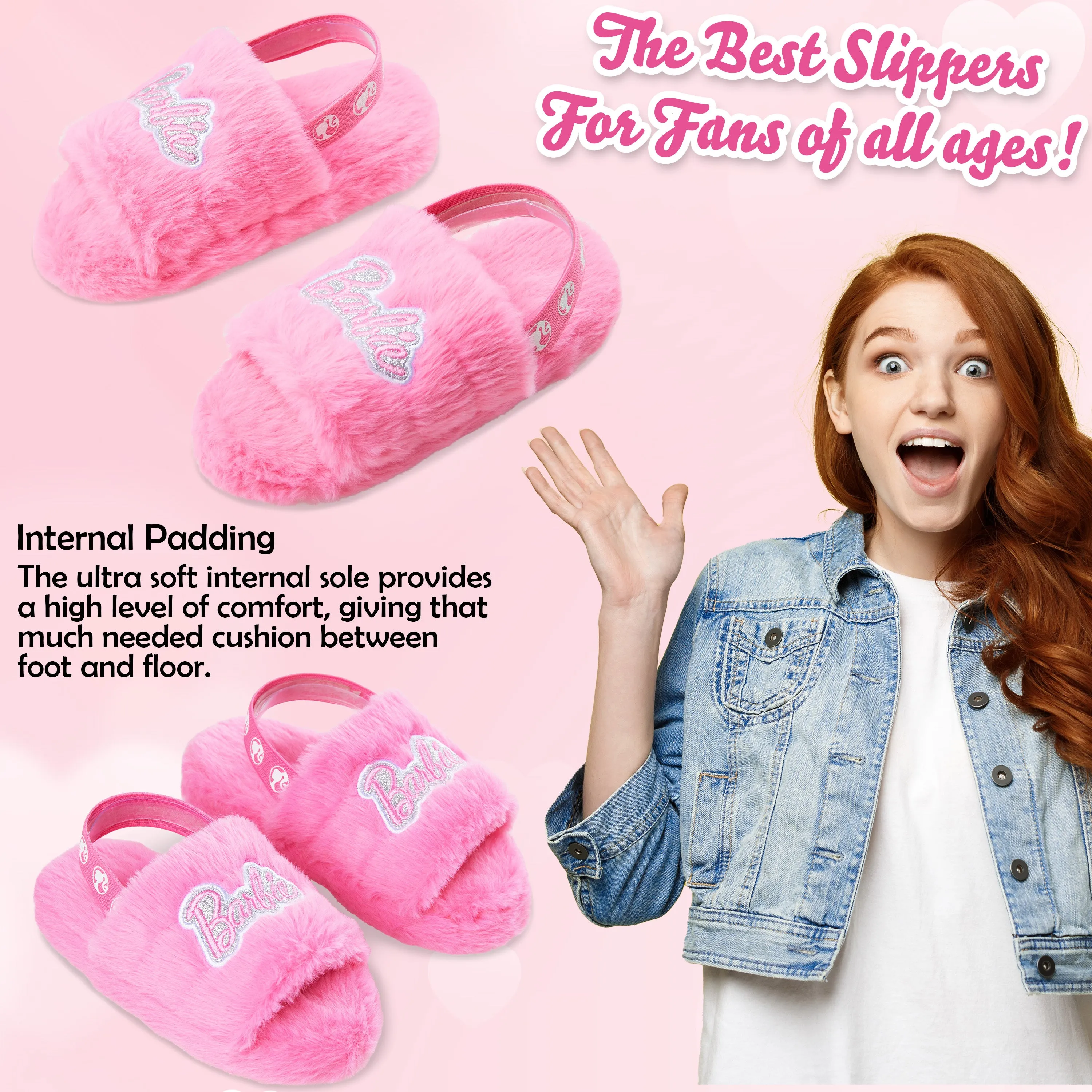 Barbie Women's Fluffy Slippers, Comfy Mule House Shoes - Cosy Gifts for Her