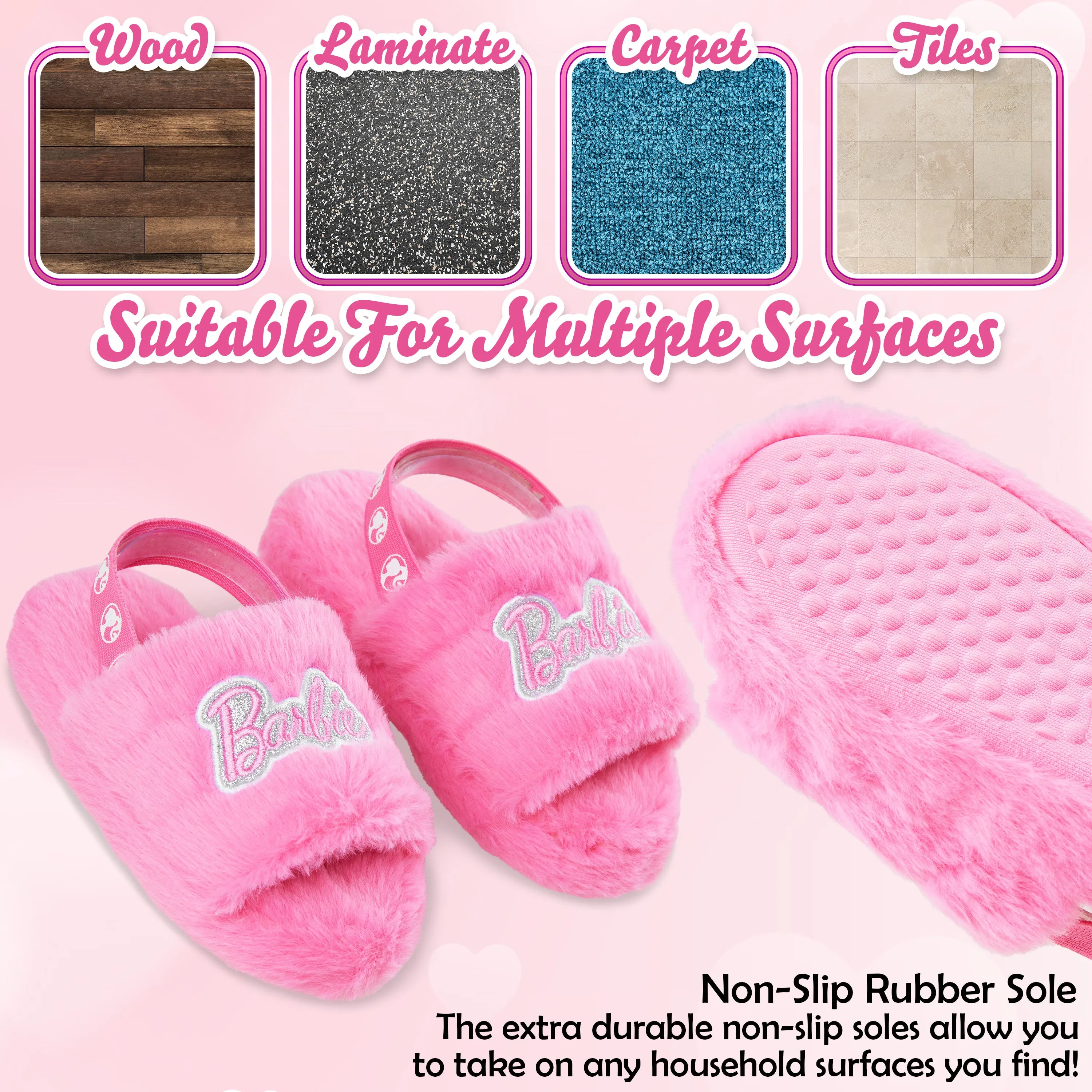 Barbie Women's Fluffy Slippers, Comfy Mule House Shoes - Cosy Gifts for Her