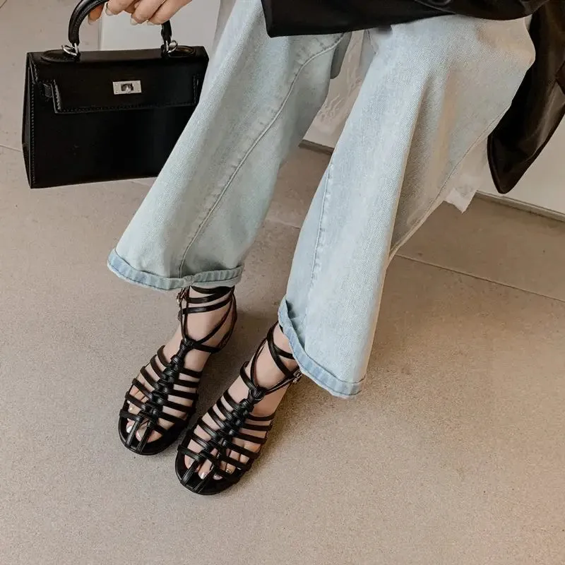 binfenxie  -  2024 New Handmade Glatordiator Women Sandals Faux Leather Cut-outs Hollow Summer Ladies Fashion Party Casual Shoes