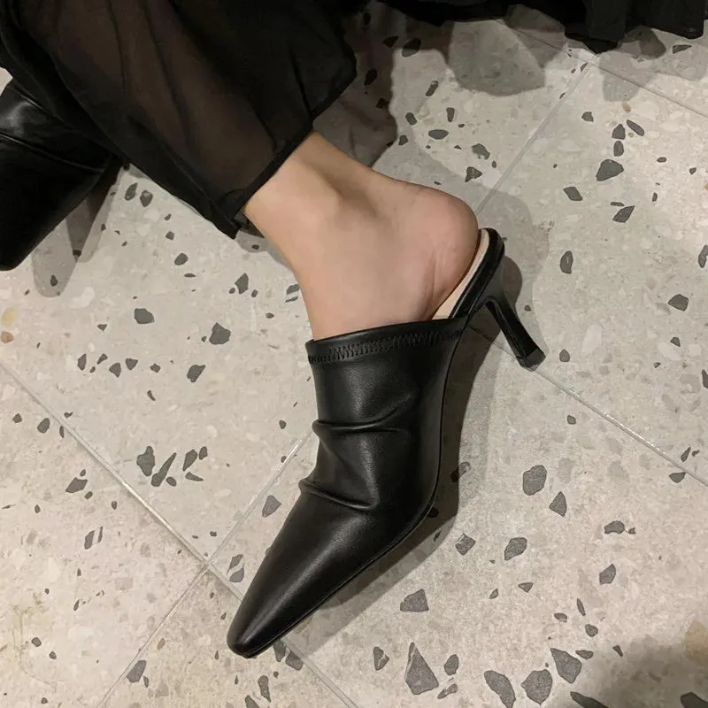 binfenxie  -  2024 New Women Shoes Sexy Party Pumps Women's Cow Leather Mules Square Toe High Heel Sandal Slingback Wedding Slides Shoes