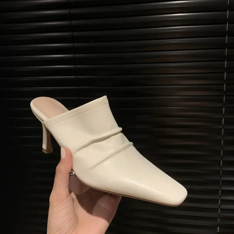 binfenxie  -  2024 New Women Shoes Sexy Party Pumps Women's Cow Leather Mules Square Toe High Heel Sandal Slingback Wedding Slides Shoes