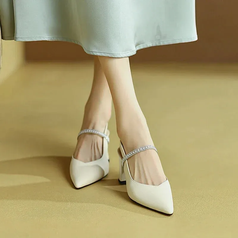 binfenxie  -  2024 Summer/Spring Women Shoes Pointed Toe Chunky Heel Women Sandals Solid Elegant High Heels Sheepskin Shoes Women Party Shoes
