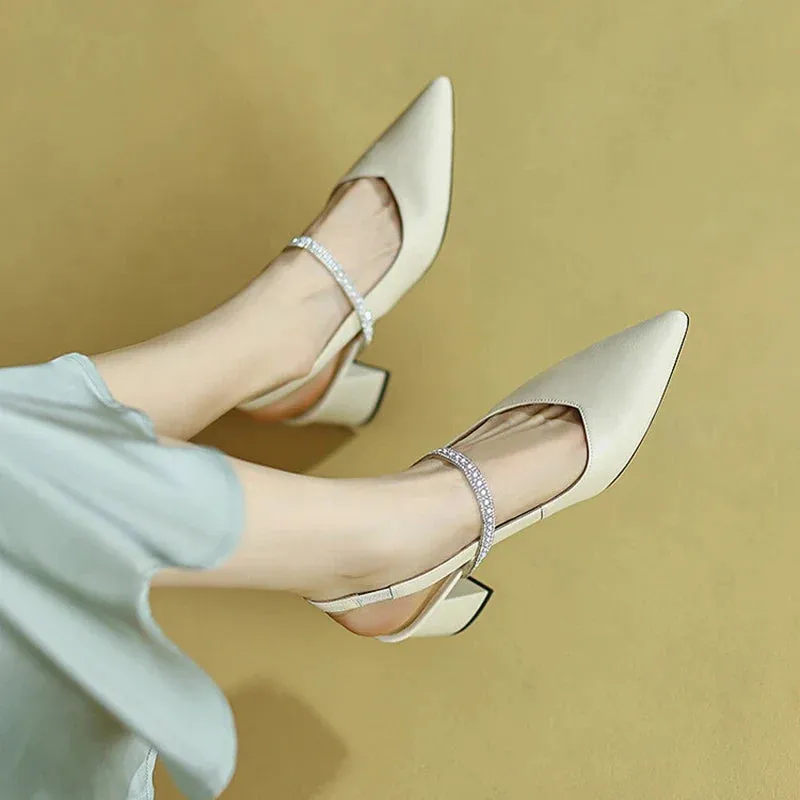 binfenxie  -  2024 Summer/Spring Women Shoes Pointed Toe Chunky Heel Women Sandals Solid Elegant High Heels Sheepskin Shoes Women Party Shoes