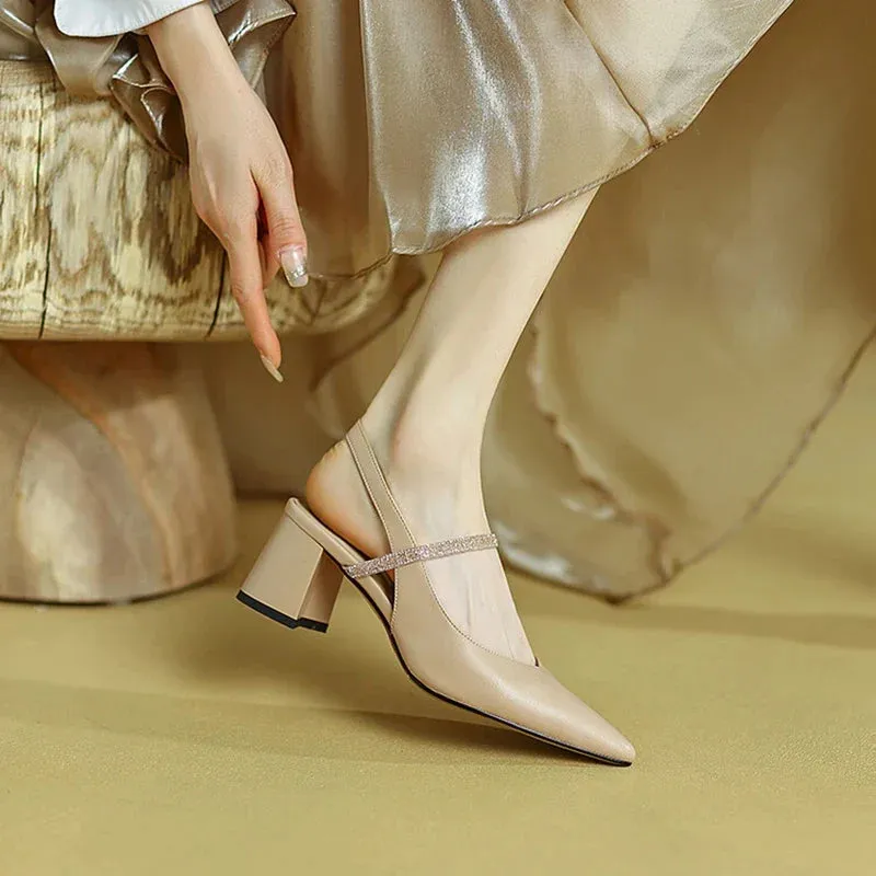 binfenxie  -  2024 Summer/Spring Women Shoes Pointed Toe Chunky Heel Women Sandals Solid Elegant High Heels Sheepskin Shoes Women Party Shoes
