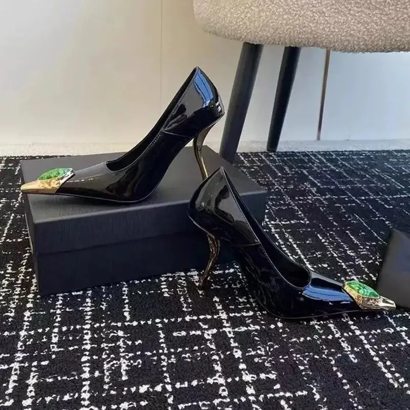 binfenxie  -  2025 New Luxury Gemstone Patent Leather Metal Square toe Women Pumps Fashion Office Thin High heels Female Party Banquet Shoes