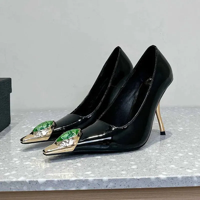 binfenxie  -  2025 New Luxury Gemstone Patent Leather Metal Square toe Women Pumps Fashion Office Thin High heels Female Party Banquet Shoes