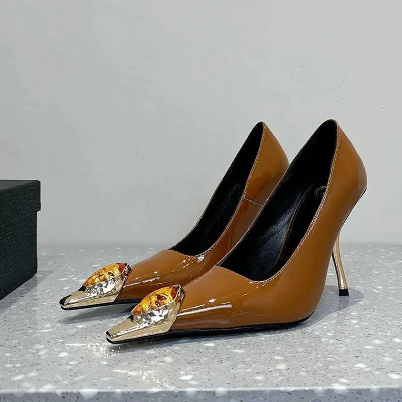 binfenxie  -  2025 New Luxury Gemstone Patent Leather Metal Square toe Women Pumps Fashion Office Thin High heels Female Party Banquet Shoes