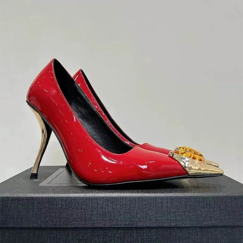 binfenxie  -  2025 New Luxury Gemstone Patent Leather Metal Square toe Women Pumps Fashion Office Thin High heels Female Party Banquet Shoes