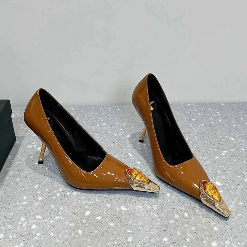 binfenxie  -  2025 New Luxury Gemstone Patent Leather Metal Square toe Women Pumps Fashion Office Thin High heels Female Party Banquet Shoes