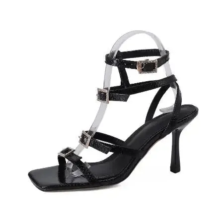 binfenxie  -  Black Sliver Leather Square Open Toe Crystal Rhinestone Buckles Summer Sandals Women Thin High Heel Ankle Wrap Party Dress Shoes