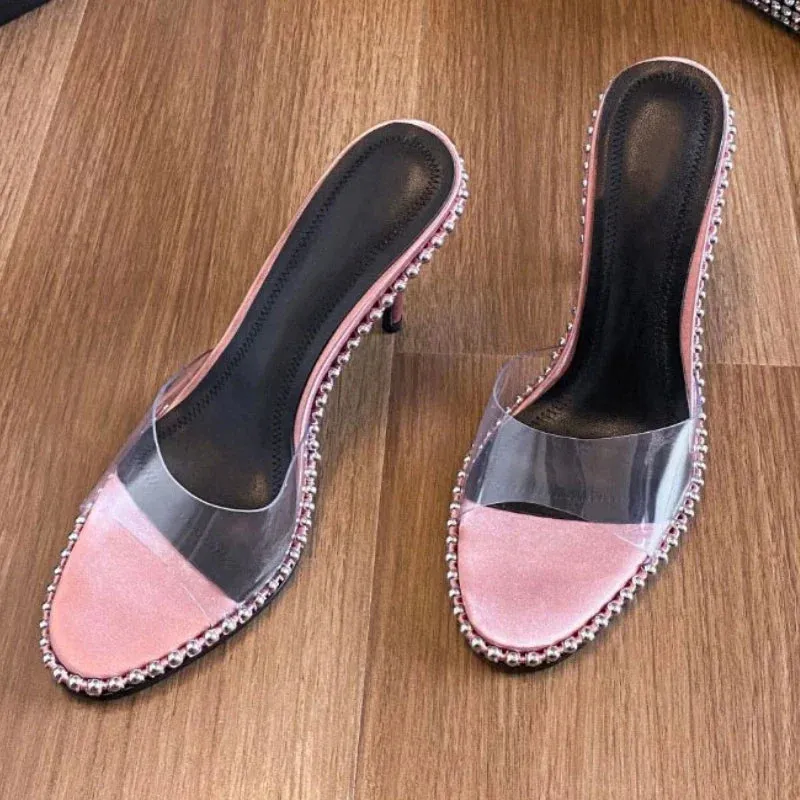 binfenxie  -  Black Studds High Heels Slippers Ladies Brand Designer Summer Transparent Strappy Shoes for Women Pink Party Pumps Chinelos