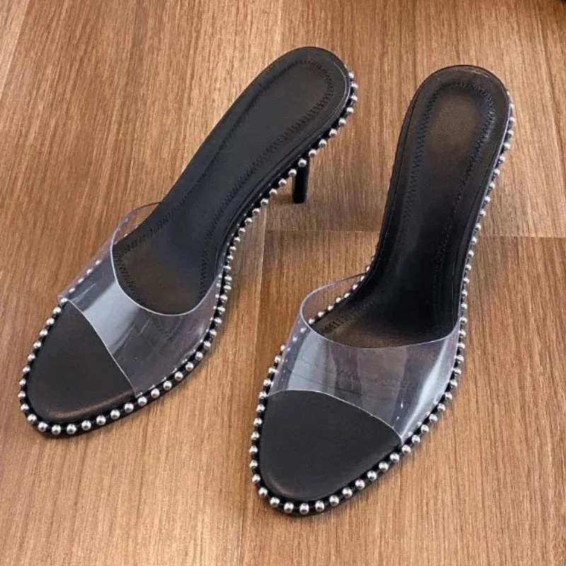 binfenxie  -  Black Studds High Heels Slippers Ladies Brand Designer Summer Transparent Strappy Shoes for Women Pink Party Pumps Chinelos