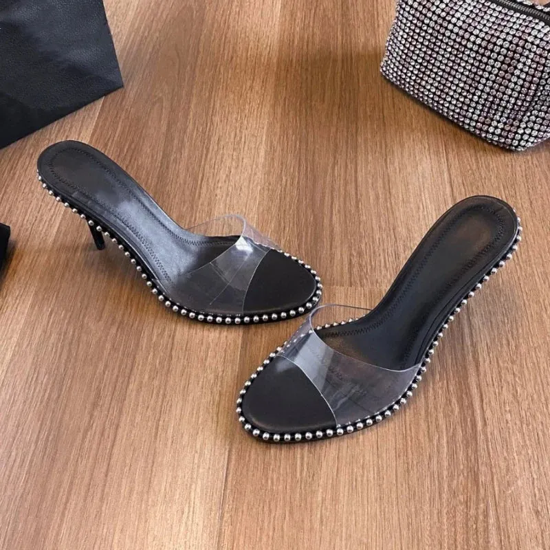 binfenxie  -  Black Studds High Heels Slippers Ladies Brand Designer Summer Transparent Strappy Shoes for Women Pink Party Pumps Chinelos