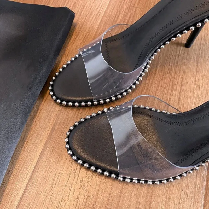 binfenxie  -  Black Studds High Heels Slippers Ladies Brand Designer Summer Transparent Strappy Shoes for Women Pink Party Pumps Chinelos