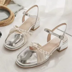 binfenxie  -  Bow Women Bead Sandals Fashion Chunky Shoes Dress Mid Heels Slingback Slipper Designer 2024 Autumn Pumps Party New Femme Zapatos