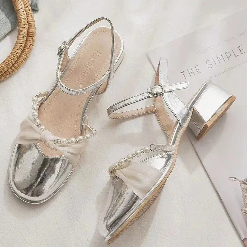 binfenxie  -  Bow Women Bead Sandals Fashion Chunky Shoes Dress Mid Heels Slingback Slipper Designer 2024 Autumn Pumps Party New Femme Zapatos