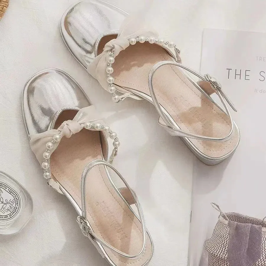 binfenxie  -  Bow Women Bead Sandals Fashion Chunky Shoes Dress Mid Heels Slingback Slipper Designer 2024 Autumn Pumps Party New Femme Zapatos