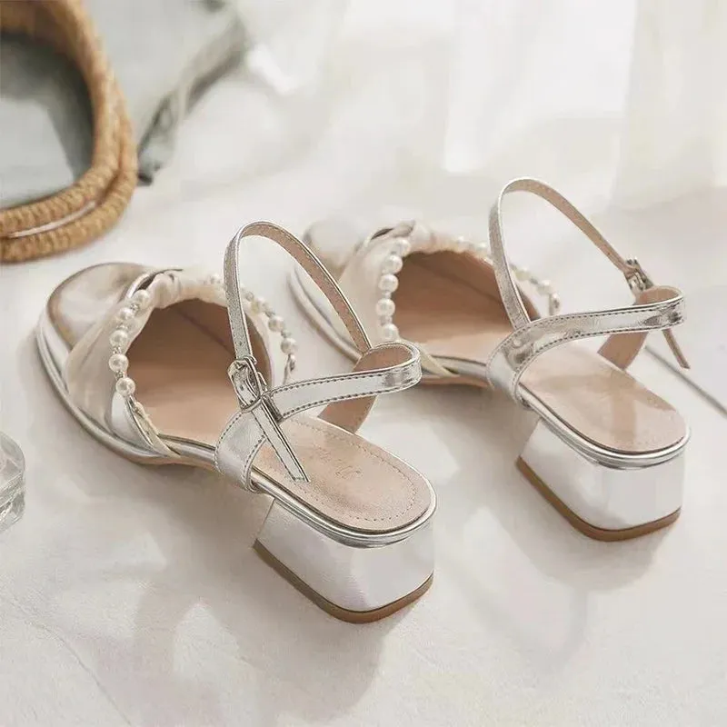 binfenxie  -  Bow Women Bead Sandals Fashion Chunky Shoes Dress Mid Heels Slingback Slipper Designer 2024 Autumn Pumps Party New Femme Zapatos