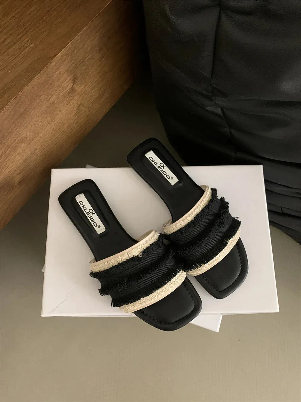 binfenxie  -  Brown Beige Black Women Slippers Summer Outside Mules Shoes Party Dress Shoes Low Flat Heels Shallow Slip On Beach Shoes Lace