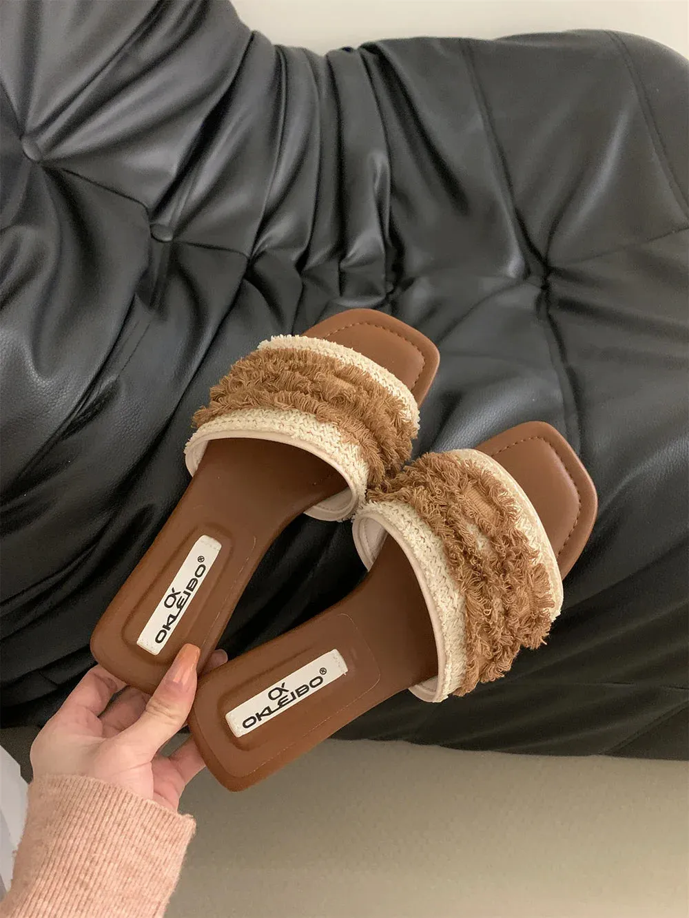 binfenxie  -  Brown Beige Black Women Slippers Summer Outside Mules Shoes Party Dress Shoes Low Flat Heels Shallow Slip On Beach Shoes Lace