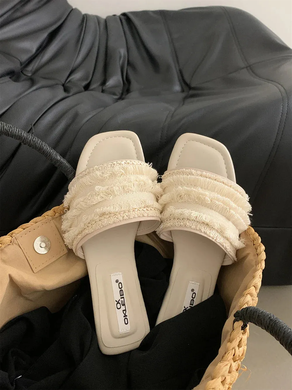 binfenxie  -  Brown Beige Black Women Slippers Summer Outside Mules Shoes Party Dress Shoes Low Flat Heels Shallow Slip On Beach Shoes Lace