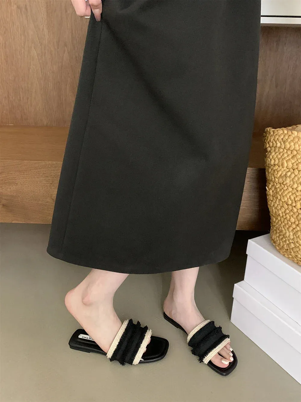 binfenxie  -  Brown Beige Black Women Slippers Summer Outside Mules Shoes Party Dress Shoes Low Flat Heels Shallow Slip On Beach Shoes Lace