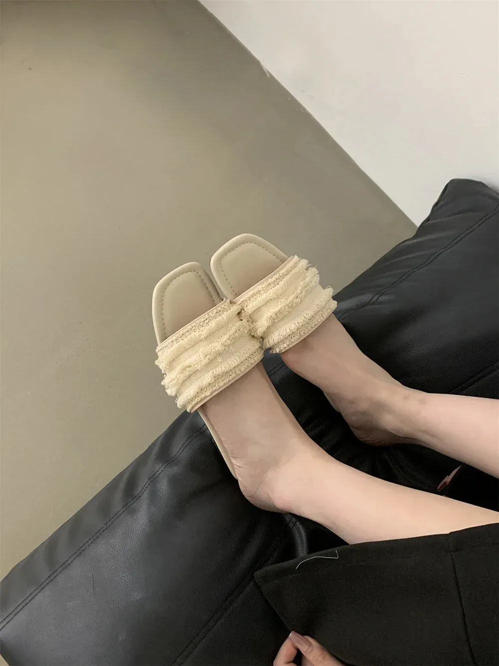 binfenxie  -  Brown Beige Black Women Slippers Summer Outside Mules Shoes Party Dress Shoes Low Flat Heels Shallow Slip On Beach Shoes Lace