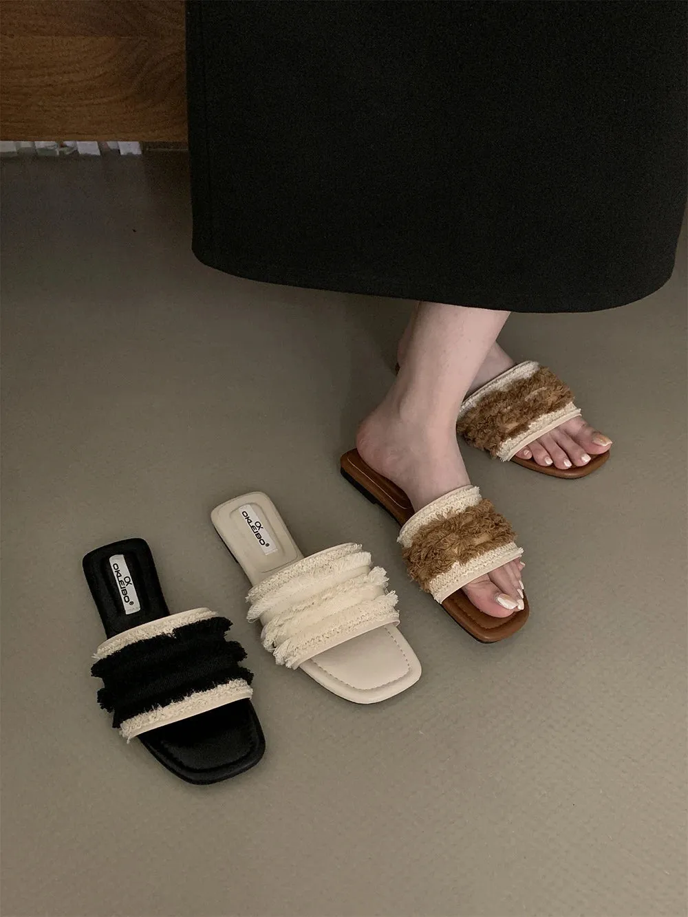 binfenxie  -  Brown Beige Black Women Slippers Summer Outside Mules Shoes Party Dress Shoes Low Flat Heels Shallow Slip On Beach Shoes Lace