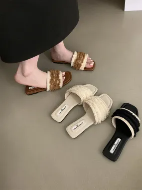 binfenxie  -  Brown Beige Black Women Slippers Summer Outside Mules Shoes Party Dress Shoes Low Flat Heels Shallow Slip On Beach Shoes Lace