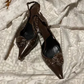 binfenxie  -  Brown Studs Pointed Toe High Heels Ladies Summer Sexy Single Shoes for Women Party Dress Pumps Sandalias De Mujer Verano
