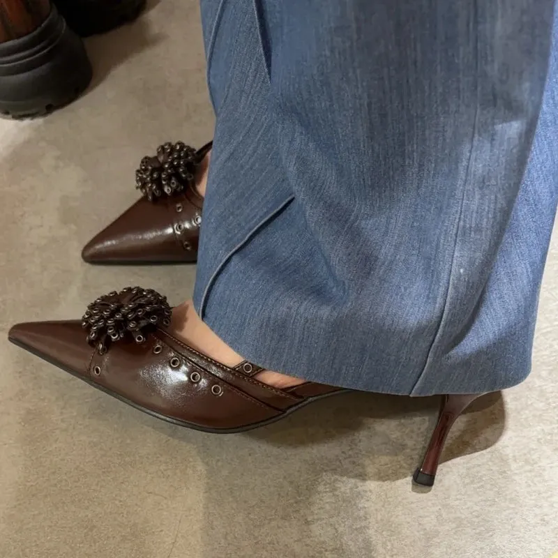 binfenxie  -  Brown Studs Pointed Toe High Heels Ladies Summer Sexy Single Shoes for Women Party Dress Pumps Sandalias De Mujer Verano