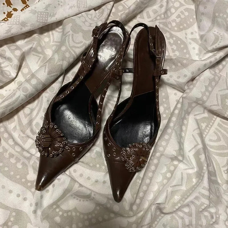 binfenxie  -  Brown Studs Pointed Toe High Heels Ladies Summer Sexy Single Shoes for Women Party Dress Pumps Sandalias De Mujer Verano