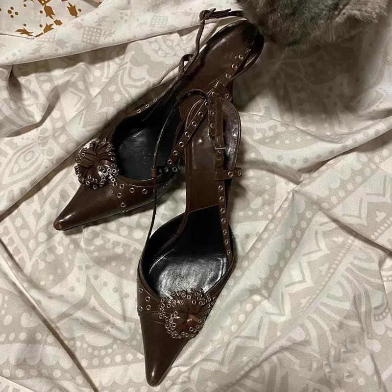 binfenxie  -  Brown Studs Pointed Toe High Heels Ladies Summer Sexy Single Shoes for Women Party Dress Pumps Sandalias De Mujer Verano