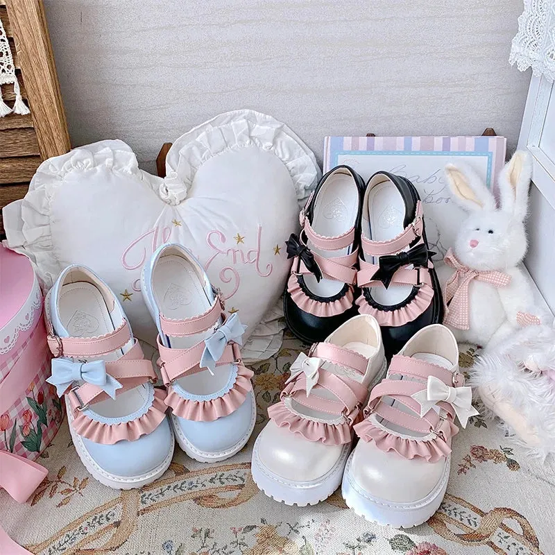 binfenxie  -  Cute Bowknot Loli Shoes Women's Fashion Tea Party Round-toe Wedge Lolita Shoes Kawaii Bow Lolita Jk Girls' Shoes