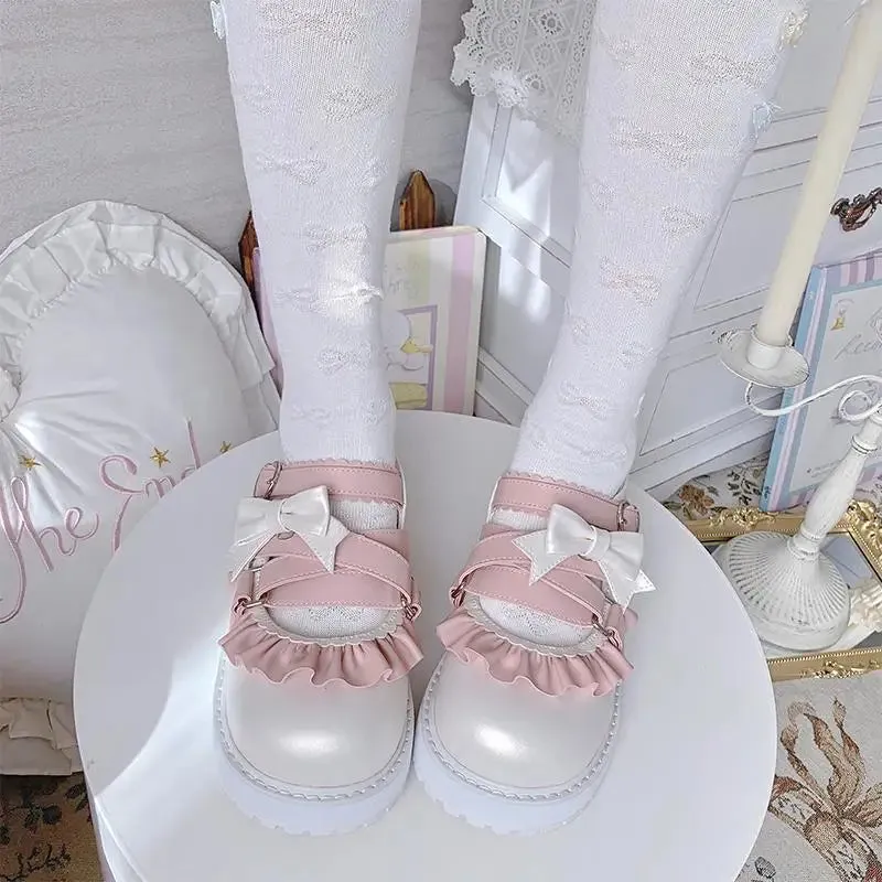 binfenxie  -  Cute Bowknot Loli Shoes Women's Fashion Tea Party Round-toe Wedge Lolita Shoes Kawaii Bow Lolita Jk Girls' Shoes