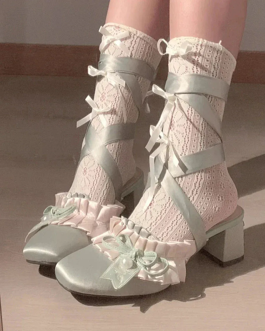binfenxie  -  Cute High Heels Pearl Lolita Shoes Round Head Fairy Style Chunky Heels Pumps Satin Mary Jane Single Party Shoes