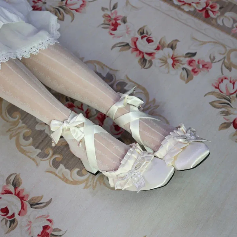 binfenxie  -  Cute High Heels Pearl Lolita Shoes Round Head Fairy Style Chunky Heels Pumps Satin Mary Jane Single Party Shoes