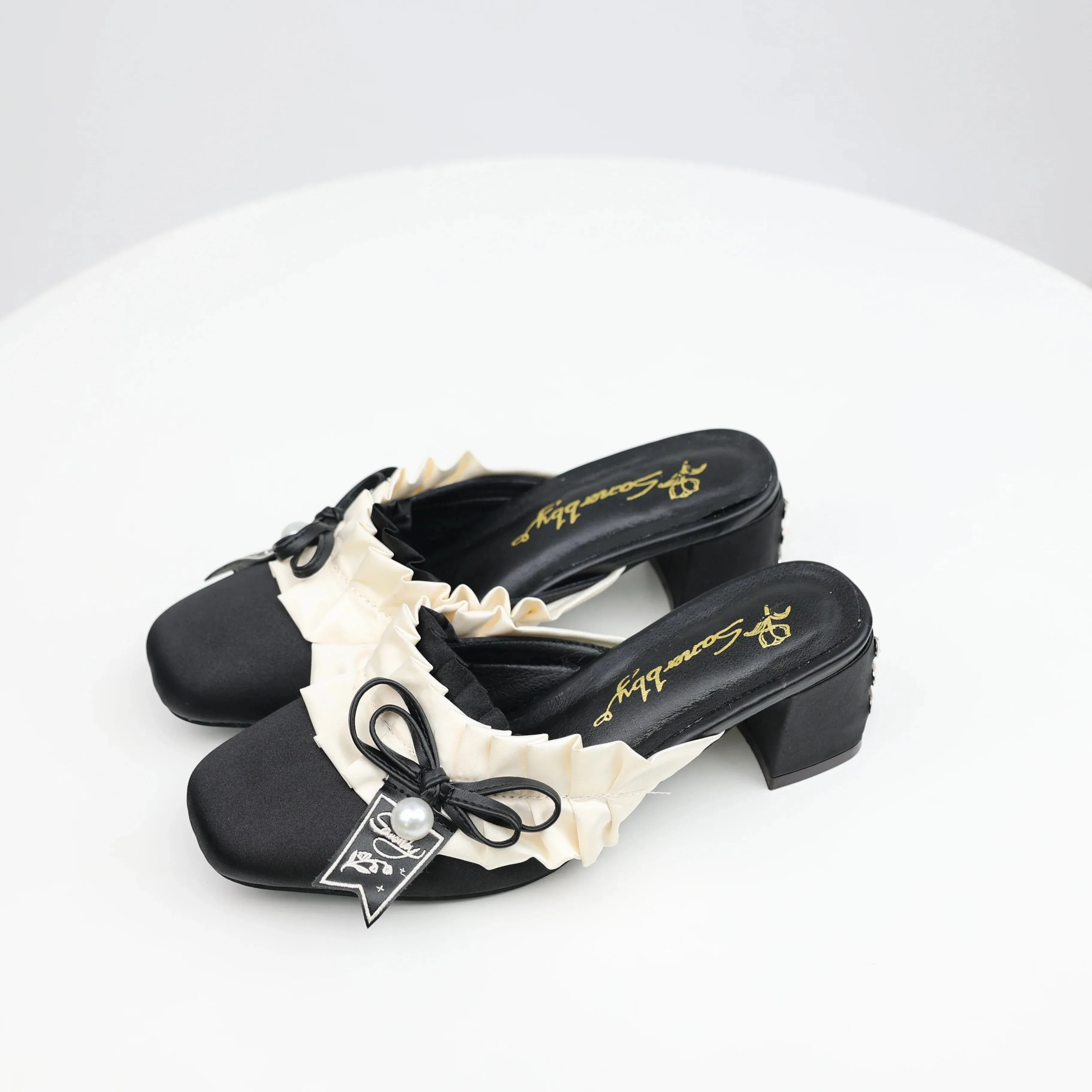 binfenxie  -  Cute High Heels Pearl Lolita Shoes Round Head Fairy Style Chunky Heels Pumps Satin Mary Jane Single Party Shoes