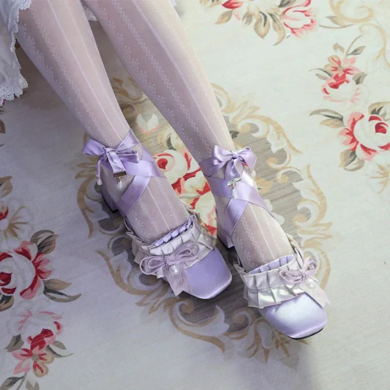 binfenxie  -  Cute High Heels Pearl Lolita Shoes Round Head Fairy Style Chunky Heels Pumps Satin Mary Jane Single Party Shoes