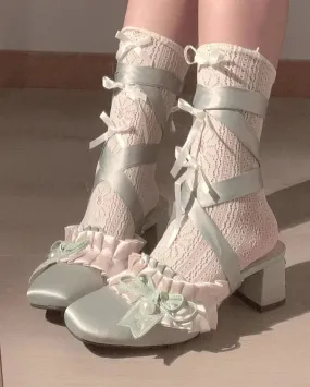 binfenxie  -  Cute High Heels Pearl Lolita Shoes Round Head Fairy Style Chunky Heels Pumps Satin Mary Jane Single Party Shoes