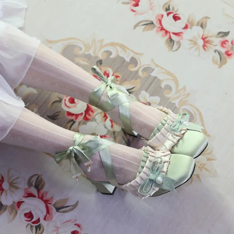 binfenxie  -  Cute High Heels Pearl Lolita Shoes Round Head Fairy Style Chunky Heels Pumps Satin Mary Jane Single Party Shoes
