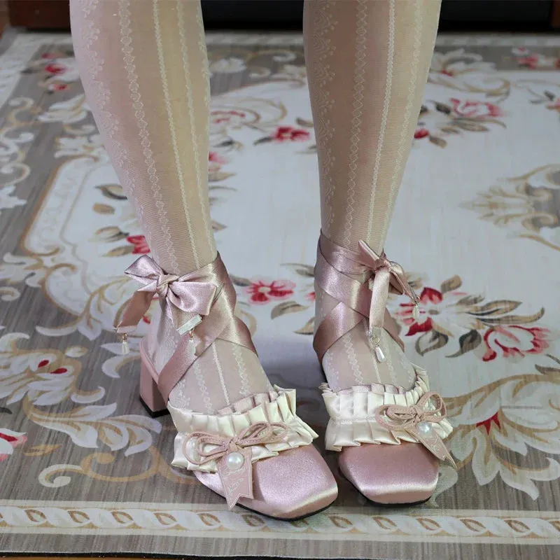 binfenxie  -  Cute High Heels Pearl Lolita Shoes Round Head Fairy Style Chunky Heels Pumps Satin Mary Jane Single Party Shoes