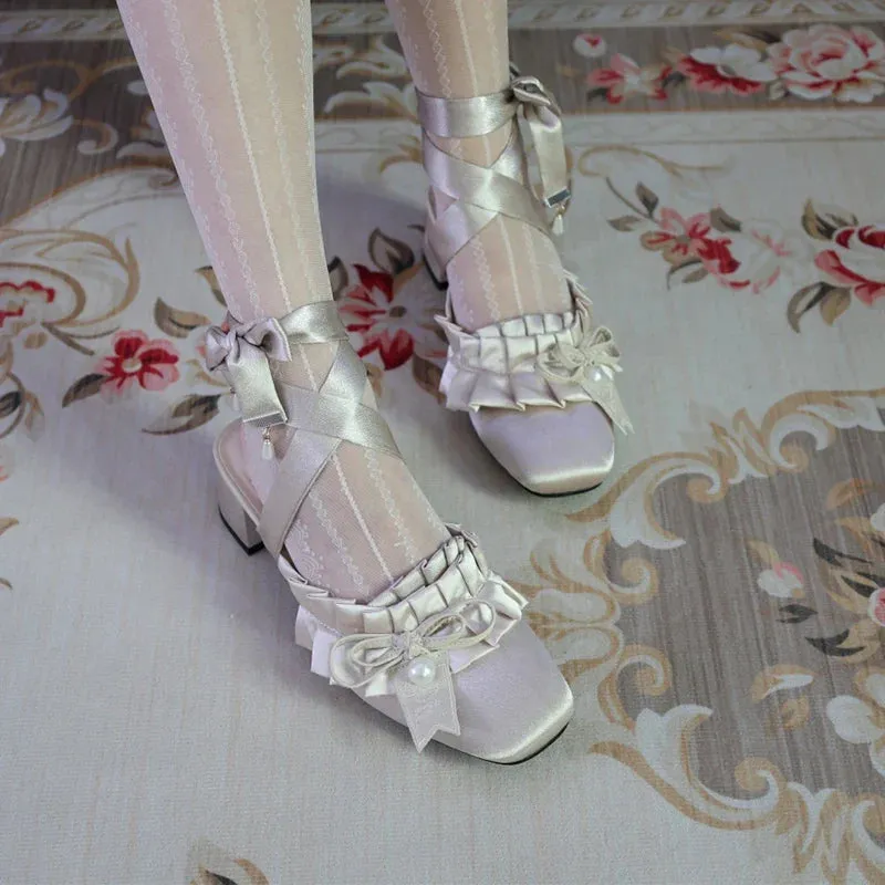 binfenxie  -  Cute High Heels Pearl Lolita Shoes Round Head Fairy Style Chunky Heels Pumps Satin Mary Jane Single Party Shoes