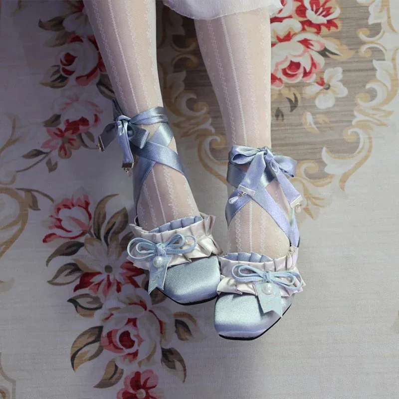 binfenxie  -  Cute High Heels Pearl Lolita Shoes Round Head Fairy Style Chunky Heels Pumps Satin Mary Jane Single Party Shoes