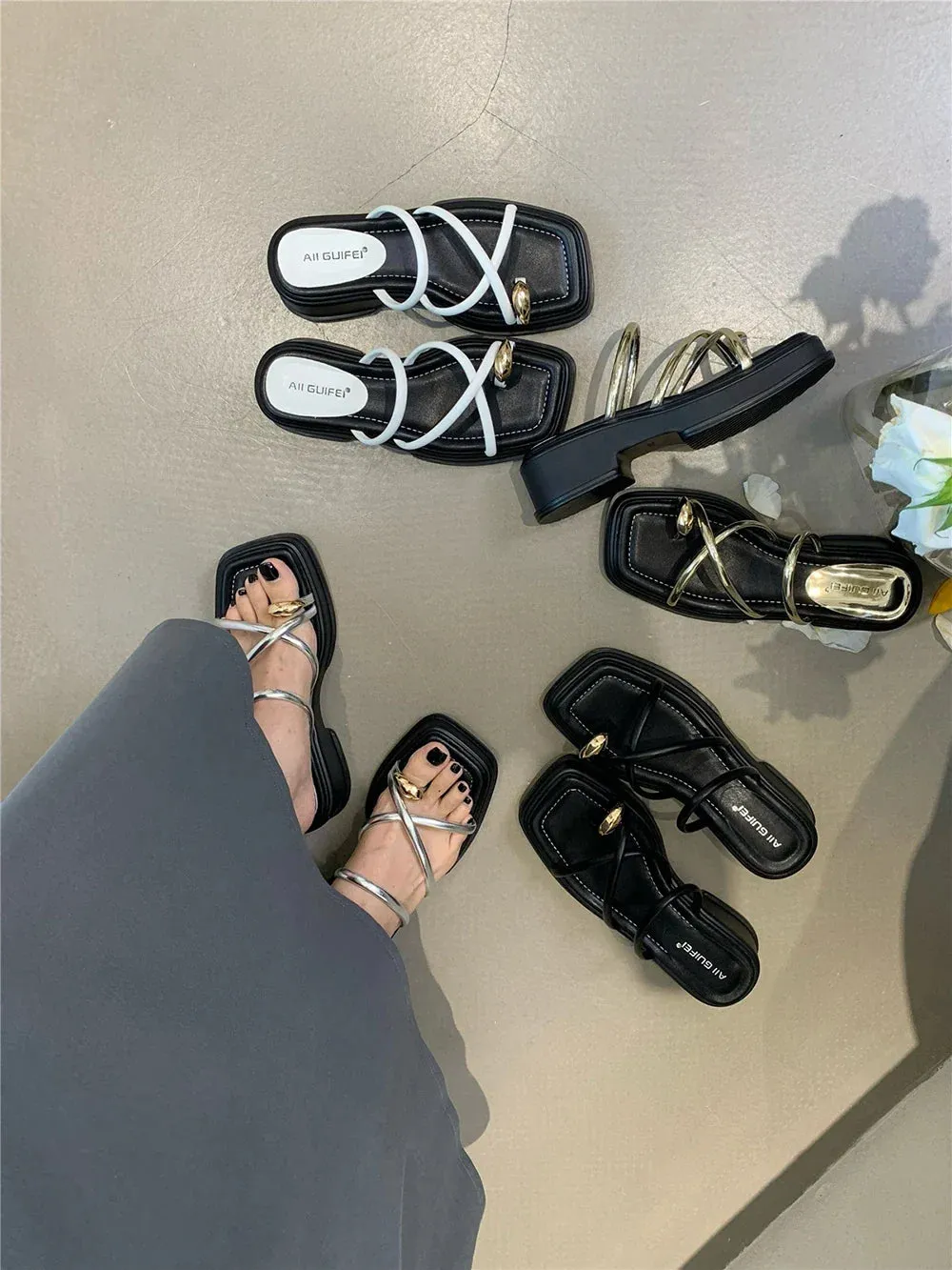 binfenxie  - Elegant Women Slides Slippers Outside Mules Shoes Thick Mid Heels Black White Silver Gold Summer Party Pumps Sexy Office Slides