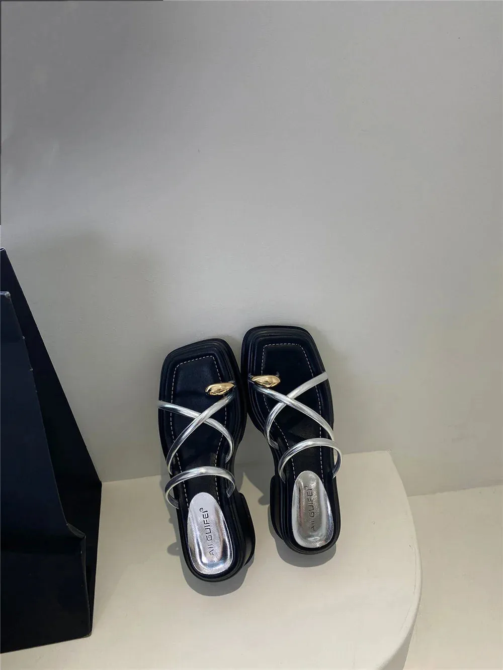 binfenxie  - Elegant Women Slides Slippers Outside Mules Shoes Thick Mid Heels Black White Silver Gold Summer Party Pumps Sexy Office Slides