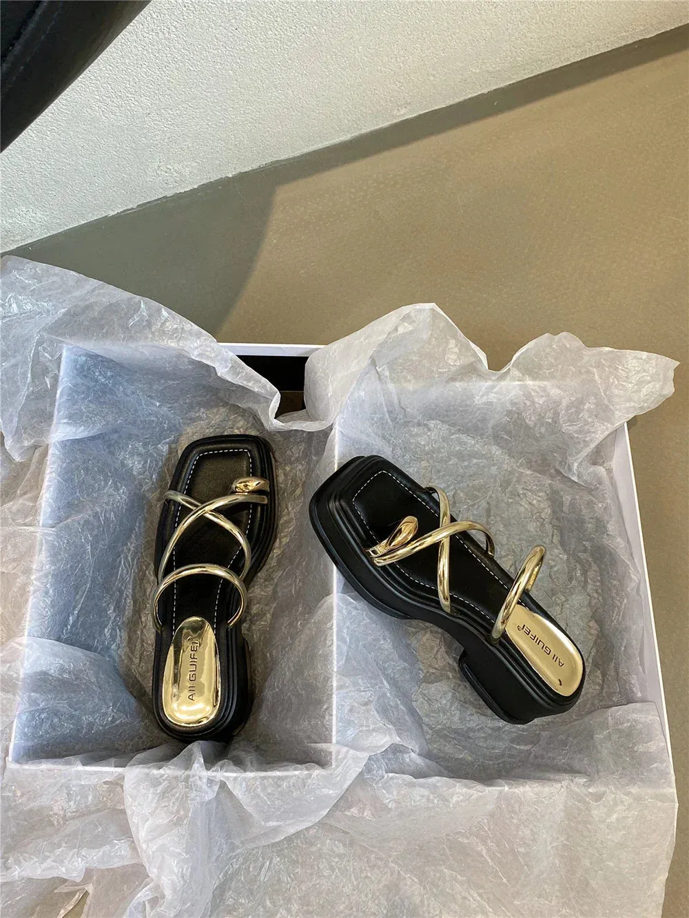 binfenxie  - Elegant Women Slides Slippers Outside Mules Shoes Thick Mid Heels Black White Silver Gold Summer Party Pumps Sexy Office Slides