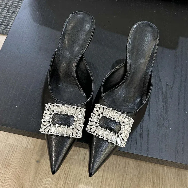 binfenxie  -  Fashion Spring Crystal Buckle Thin Heels Pointed Toe Women Slippers Mule Shoes Party Zapatos De Mujeres